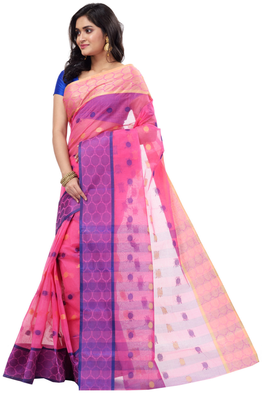 Pink Pure Cotton Ganga Jamuna Tant Saree (371)